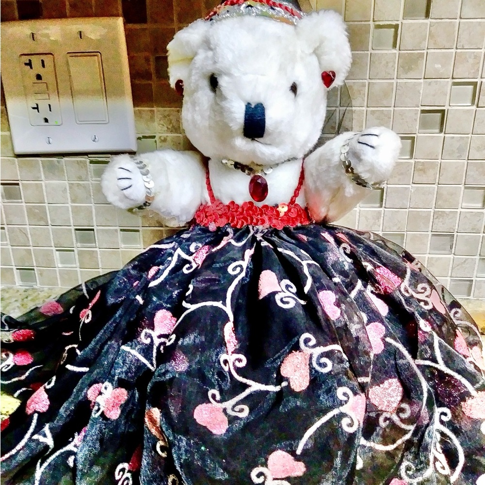 Collectible White Princess Bear w/stand. Black Heart Dress & Veil